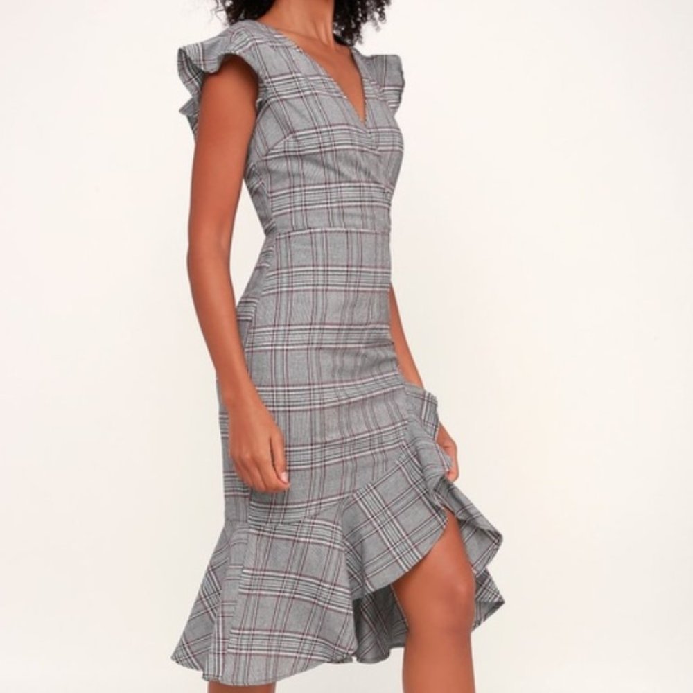 Poised For a Promotion Plaid Ruffle Midi Dress